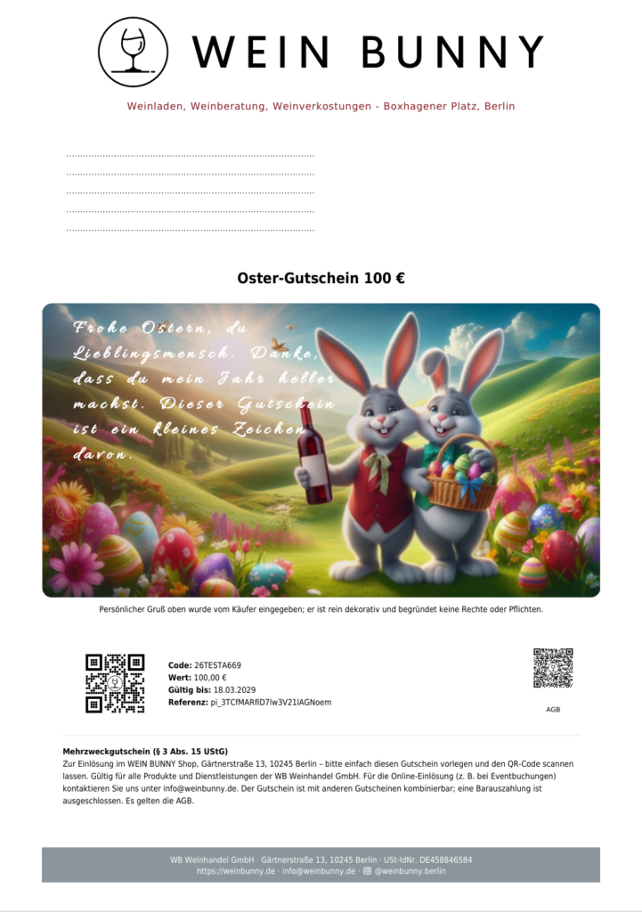 Digitaler Oster-Gutschein von Weinladen WEIN BUNNY mit zwei gezeichneten Hasen, die eine Weinflasche und einen Korb voller Ostereier halten. Frühlingslandschaft mit Blumen und bunten Eiern, dazu Gutscheinwert, persönlicher Gruß und Einlöseinformationen.