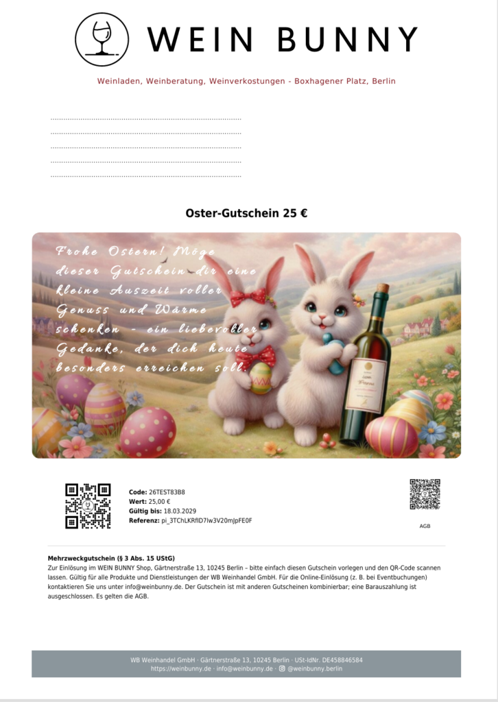 Digitaler Oster-Gutschein von Weinladen WEIN BUNNY mit zwei gezeichneten Hasen, die eine Weinflasche und einen Korb voller Ostereier halten. Frühlingslandschaft mit Blumen und bunten Eiern, dazu Gutscheinwert, persönlicher Gruß und Einlöseinformationen.