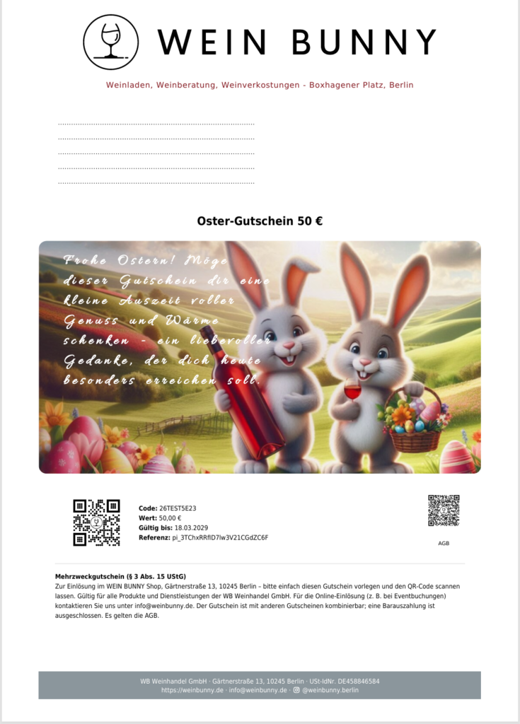 Digitaler Oster-Gutschein von Weinladen WEIN BUNNY mit zwei gezeichneten Hasen, die eine Weinflasche und einen Korb voller Ostereier halten. Frühlingslandschaft mit Blumen und bunten Eiern, dazu Gutscheinwert, persönlicher Gruß und Einlöseinformationen.