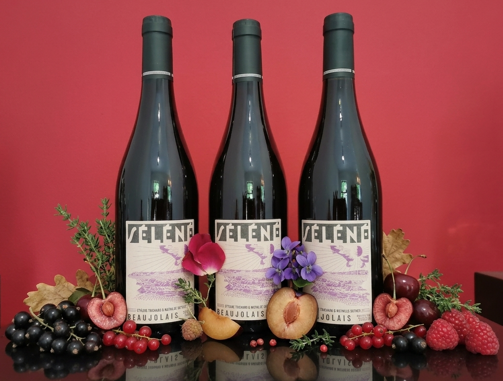 Flasche des französischen Naturweins „Séléné“ Beaujolais Cuvée de Printemps von Sylvère Trichard vor einem dunklen Hintergrund. Das Etikett ist minimalistisch weiß und zeigt eine feine, geschwungene Mondsichel in den Nationalfarben Blau, Weiß und Rot.